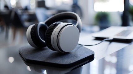 A wireless headset resting on a charging pad, generative AI