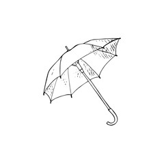 Hand-drawn umbrella sketch, isolated on white background. Closeup view. Opened umbrella.