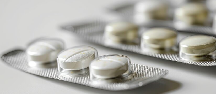 Close-up photo of antiviral tablets in blister packs against a white backdrop; Five packs for herpes treatment with copy space image for the virus concept.