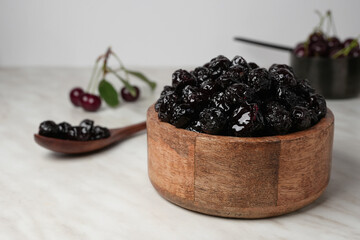 Dried sour cherries delicious and healthy snack. Sun-dried cherries are rich in nutrients.Nutritious dried berries. Healthy vitamin ingredient. Side view, space  for text. 
