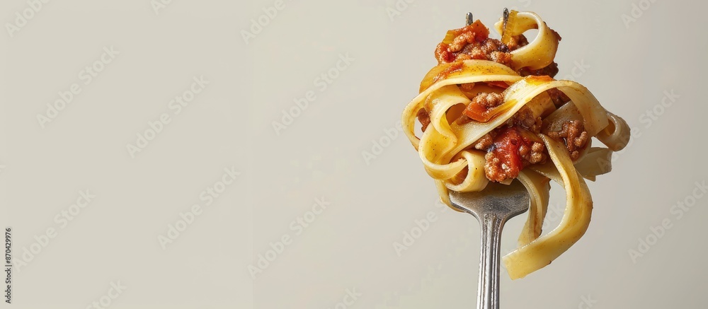 Poster A fork holds tagliatelle with bolognese sauce, showcasing the dish against a plain background with copy space image.