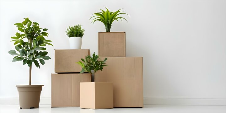 Cardboard boxes with household items and potted plants in modern living room. Concept DIY Home Decor, Indoor Gardening, Upcycled Furniture, Minimalistic Interior Design