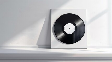 A vintage vinyl record rests on a white wall, illuminated by soft, natural light