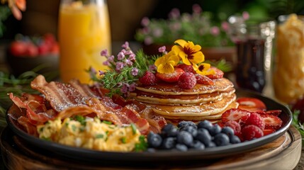 A vibrant breakfast plate with pancakes, bacon, scrambled eggs, blueberries, and raspberries, garnished with edible flowers, creating a visually appealing and delicious meal.

