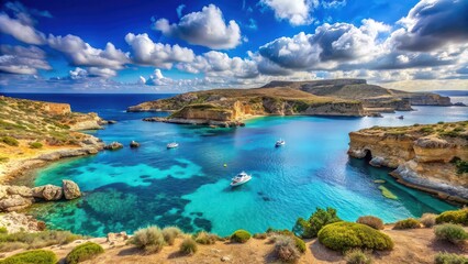 Fototapeta premium Beautiful Comino Island in Gozo with crystal clear blue waters and picturesque coastline , crystal clear water