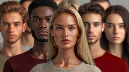Obraz premium A group of diverse young adults standing close together, each with a focused expression, showcasing unity and diversity.