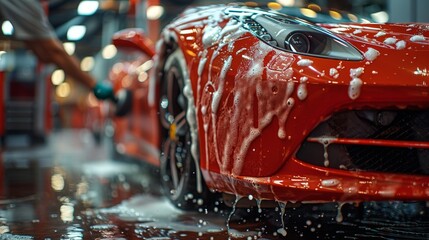 Red Sports Car Getting Washed with Soapy Water - Generative AI