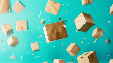 Many cardboard boxes flying in the air on blue background. 3d rendering