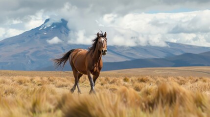 A lone wild horse runs through the high-altitude grasslands of Cotopaxi National Park in Ecuador, with the majestic Cotopaxi Volcano in the background