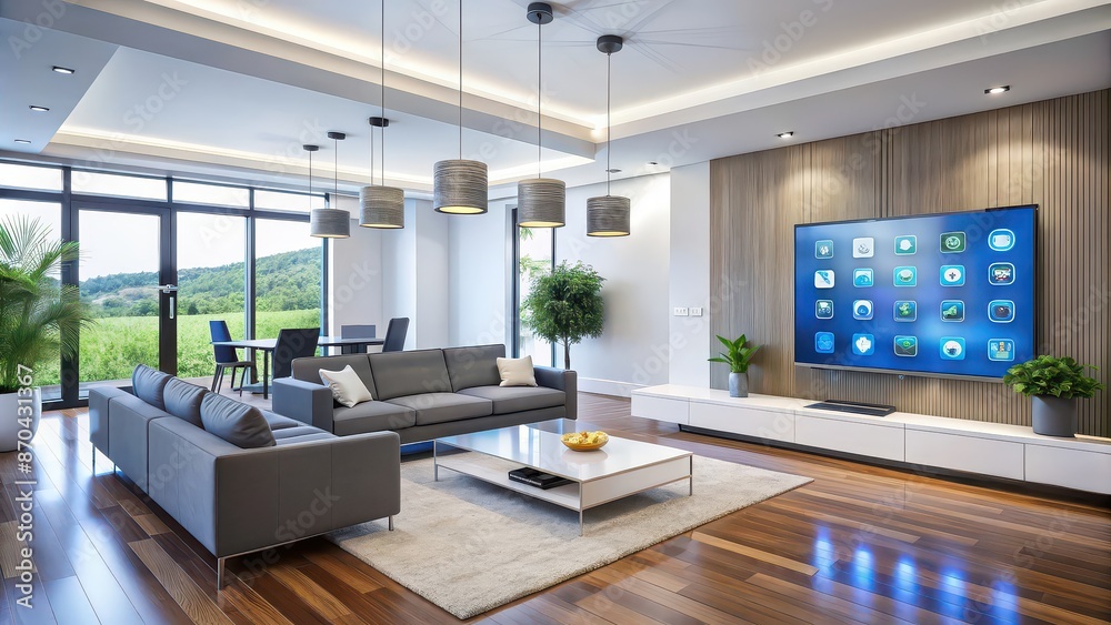 Poster Smart home with integrated devices and appliances in a modern living space, smart home, connected devices