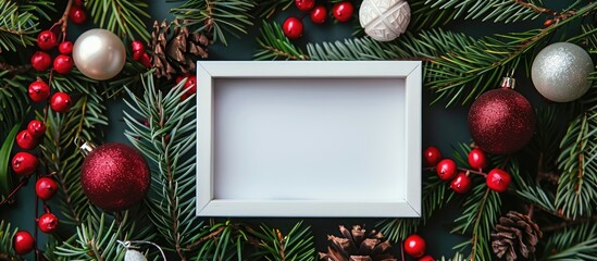 Christmas decorations arranged on pine tree branches in a flat lay style, featuring an empty white frame for copy space image.