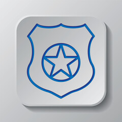 Police badge simple icon. Flat design. Paper cut design. Cutted blue symbol with shadow. Gray badge button, gray background