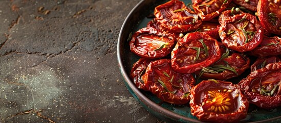 Sun-dried tomatoes capture the essence of ripe tomatoes with an intense flavor, perfect for adding depth to dishes. A copy space image could showcase their vibrant colors and unique texture.