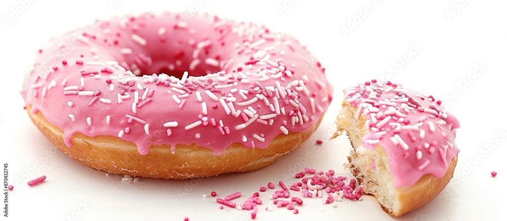 Poster Quality image of isolated pink donut on white background with a bite taken from it. Copy space image. Place for adding text and design