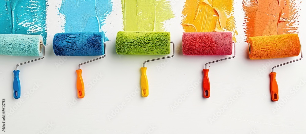 Canvas Prints Different-sized paint rollers on a white background with copy space image for text alongside repair tools.