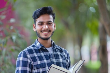 Smiling young man of Indian origin with a book in his hand