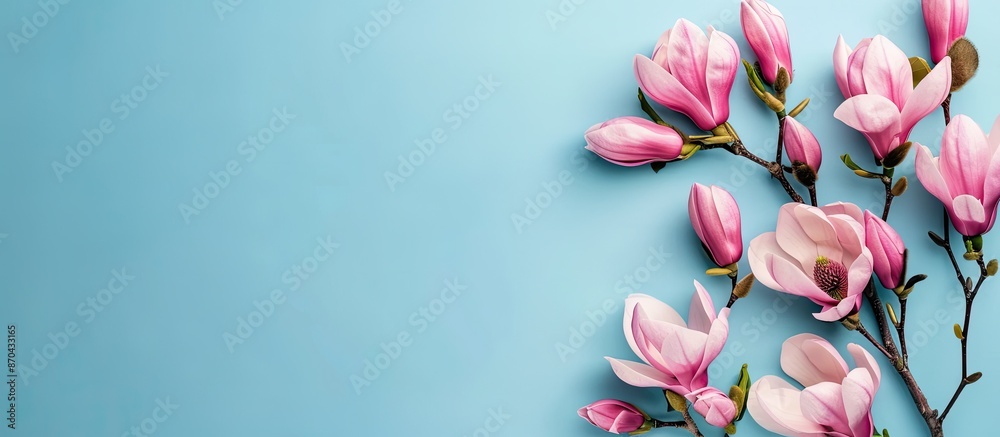 Wall mural Top view of pink magnolia flowers blooming on a blue background, providing ample copy space in the image.