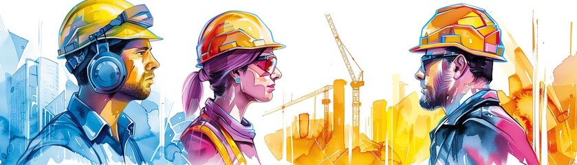 Professionals discussing quality control with construction manager, ensuring standards, Watercolor style