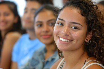 Fototapeta premium Hispanic female student excels in diverse college classroom.