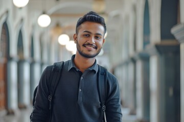 Obraz premium Indian man smiling with backpack on campus happy about education.