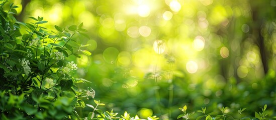Obraz premium Lush green foliage and flowers in a grove create a blurred background in the copy space image.