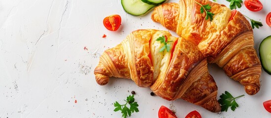 Tasty croissant filled with fresh tomato and cucumber slices on a copy space image.