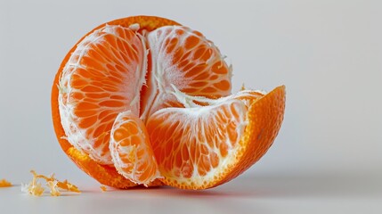 Peeled fresh mandarin, slice, white background, macro