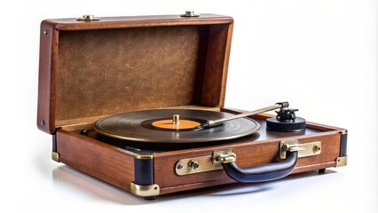 Vintage record player in a compact box case isolated on white background , retro, music, nostaligia, vinyl