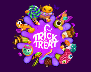 Trick or treat banner with Halloween sweets and purple slime blob. Cartoon vector delectable spread of festive desserts and spooky appetizing delights around of whimsical violet spot oozing through