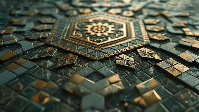 A mosaic featuring a fusion of octagons squares and rhombuses forming an intricate design.