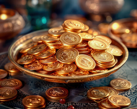 Arabian Nights Treasury A Pile of Gold Coins in an Exotic Setting, Inspired by the Tales of Aladdin and Sinbad A Wealth of Riches and Treasures from the Orient A Luxurious and Opulent Display of Gold
