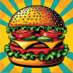 Vector illustration of a burger sandwich in pop art style