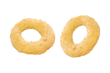 Crispy ring snacks isolated on white background. Corn onion rings in bowl isolated on white background. Crispy onion rings, isolated on white background. Snacks for watching movies.