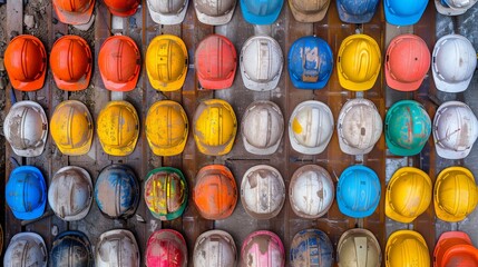 "Banner: Construction hard hat safety tools and equipment for workers at a construction site, ensuring engineering protection standards. Panorama of many hard hats in a row with copy space. 