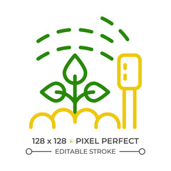 Watering two color line icon. Smart irrigation. Sprinkler system. Garden device. Soil moisture. Growing plants bicolor outline symbol. Duotone linear pictogram. Isolated illustration. Editable stroke