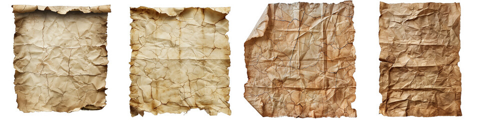 Fototapeta premium Set of Four Crumpled Old Paper Texture Isolated on White Background, Png File