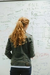 Fototapeta premium Teacher explaining a math problem on a whiteboard, Portrait half-body, hyper-realistic, high detail, photorealistic, white background, Key Light, fill light, back light