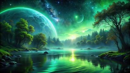 Night landscape with dark forest, acid green river