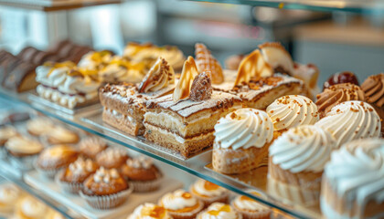 Fototapeta premium A display case filled with a variety of cupcakes and pastries in a charming bakery setting