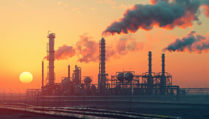 At sunset, a factory releases smoke against the orange sky, creating a dramatic scene