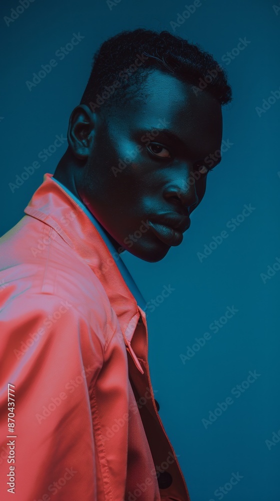 Poster close-up portrait of a man in a red jacket with a teal background. he looks sideways, creating a dra