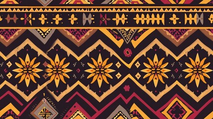 a seamless pattern of an Aztec and African tribal textile with geometric patterns in brown, yellow, red and purple colors, on dark background. The design incorporates warm tones and earthy hues,