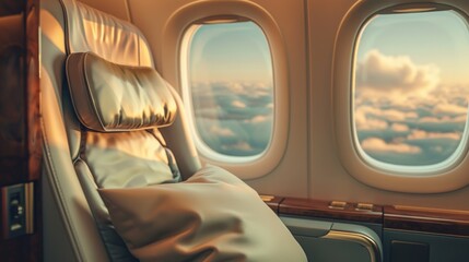 Fototapeta premium First class airplane seat with a view of clouds at sunset, luxury travel experience
