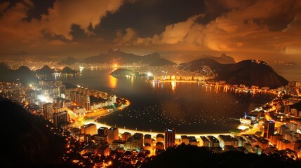 Naklejka premium Rio de Janeiro Cityscape at Night with Illuminated Coastline