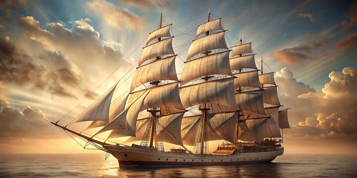Retro-inspired 3D illustration of a majestic sailing ship with billowing sails and intricate rigging, set against a transparent background in warm, muted tones.
