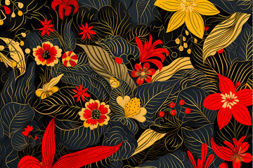 A vibrant dark floral pattern featuring a variety of red, yellow, and orange flowers encompassed by intricate leaves and abstract lines, creating a striking visual appeal.