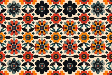 This image displays a vibrant retro floral pattern in bold colors, showcasing an array of orange, red, and black flowers with intricate design details arranged uniformly.