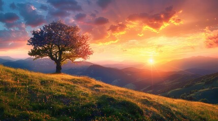 Lonely tree on the mountain meadow and majestic sunset sky. 