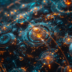 Holographic display of interconnected light beams and mechanical gears in a futuristic digital artwork.