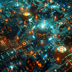 Holographic display of interconnected light beams and mechanical gears in a futuristic digital artwork.